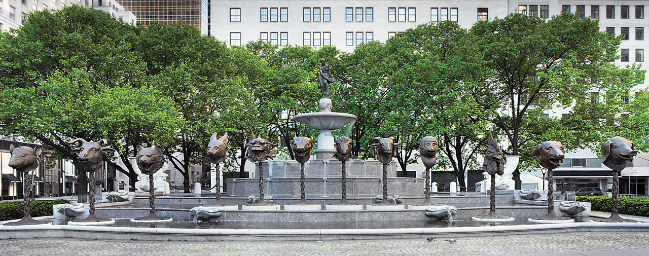 Ai Weiwei, Circle of Animals/Zodiac Heads, 2010. Bronze, installation at Pulitzer Fountain in Grand Army Plaza, New York 2011. Courtesy of the artist and AW Asia / Daniel Avila, Courtesy of NYC Parks & Recreation.